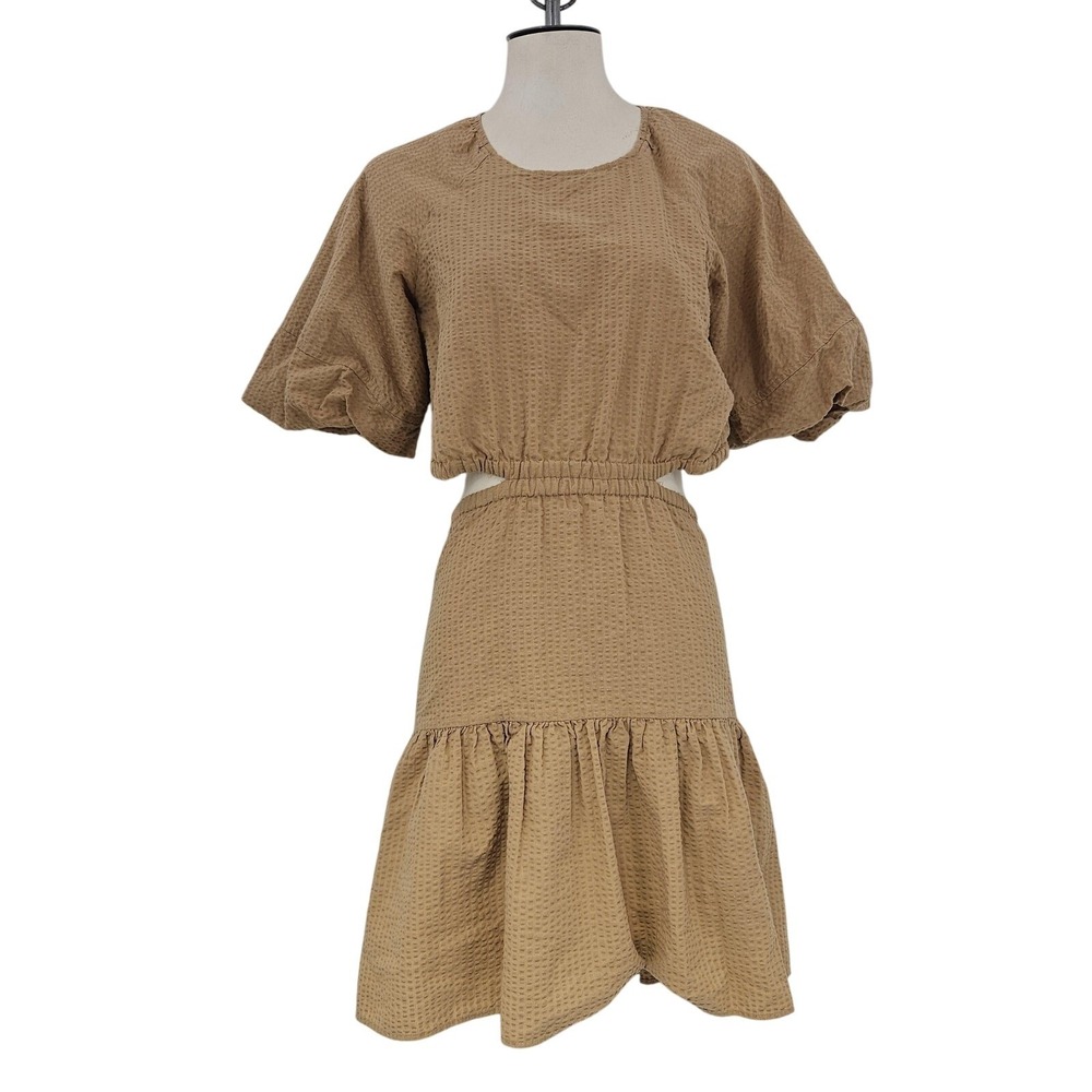 Madewell dress Womens S Tan Puff Sleeve peekaboo cutout Dressy Preppy Feminine